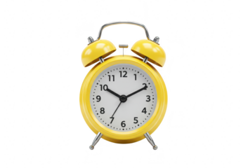 A bright yellow vintage alarm clock with two bells ringing, isolated on transparent background