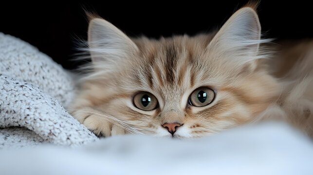 Adorable fluffy ginger cat with bright green eyes peeking out from under white blanket, creating playful and mysterious mood for pet photography and social media content.