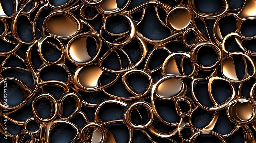 Poster metallic copper rings form abstract geometric pattern with dark shadows and reflective surfaces crea