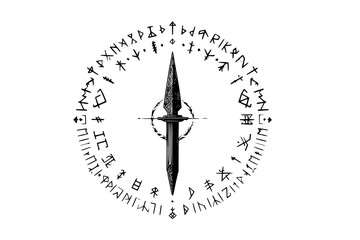 Illustration of a dagger surrounded by a wreath and an outer ring of runic symbols in black and white