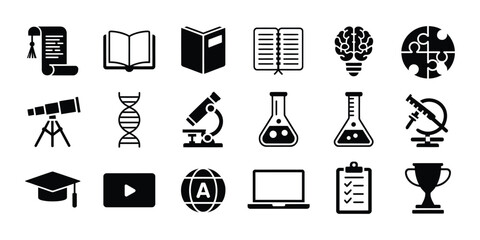 A diverse set of black glyph icons representing concepts of education, scientific research, and modern online learning