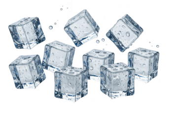 Many clear ice cubes with water droplets scattered around them, isolated on a transparent background
