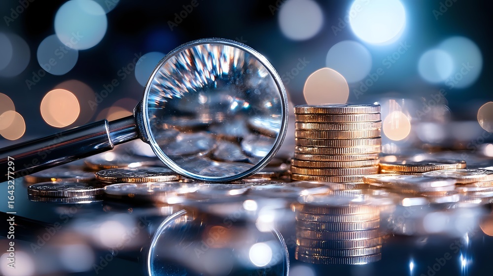 Poster magnifying glass examining stacked coins on reflective surface with soft bokeh lights in background,