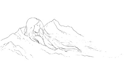 Obraz premium Line art of a woman with long hair blended into a mountain range in a minimalist black and white drawing