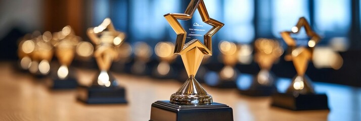 Elegant corporate awards ceremony celebrating outstanding achievements with shining trophies.
