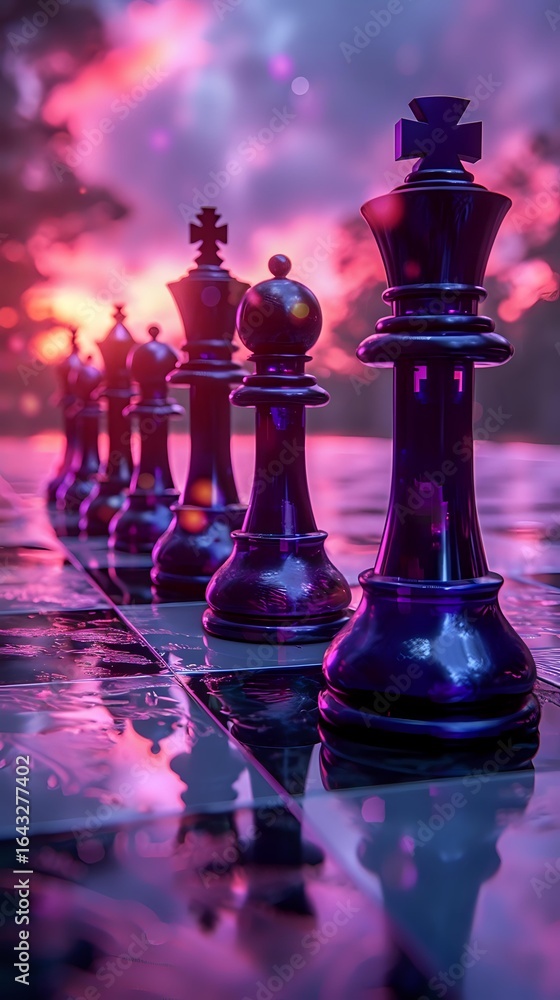 Aufkleber chess pieces lined up on reflective surface with dramatic purple and pink bokeh lighting effects cre