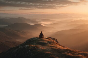 Person sitting alone on a grassy hilltop, gazing over misty mountain ranges at sunrise with warm golden light.