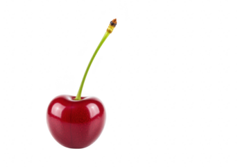 A single ripe red cherry with a green stem, isolated on transparent background, showcasing its glossy texture and natural beauty