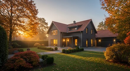 Contemporary house exterior wide shot in autumn with clay tiles finish under dawn - Real Estate & Property Design