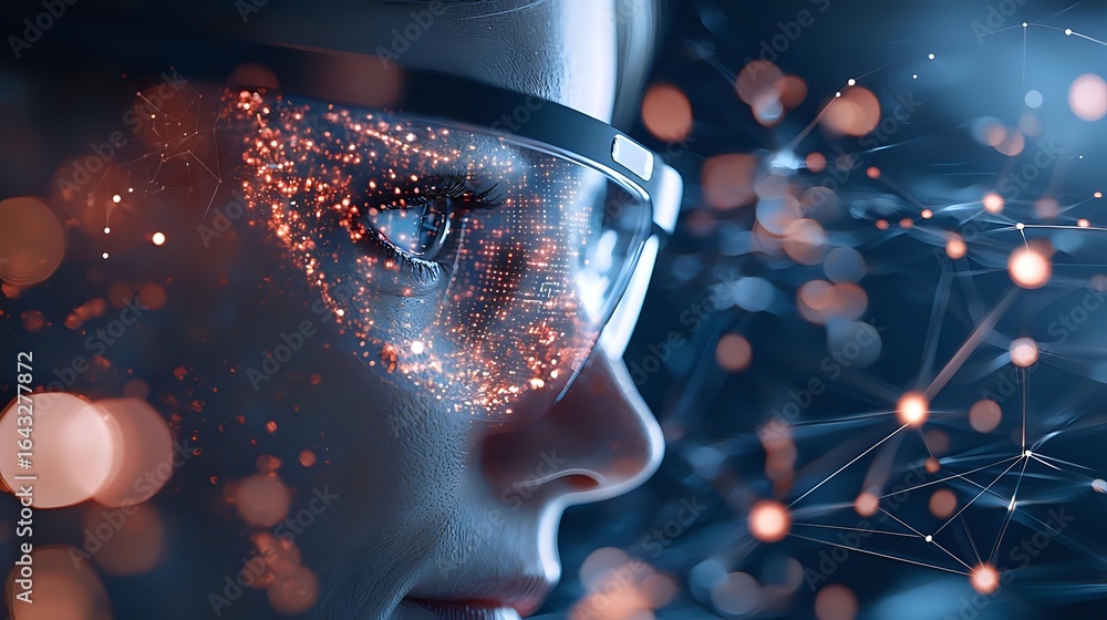Poster futuristic profile view of person wearing smart glasses displaying glowing network connections and d