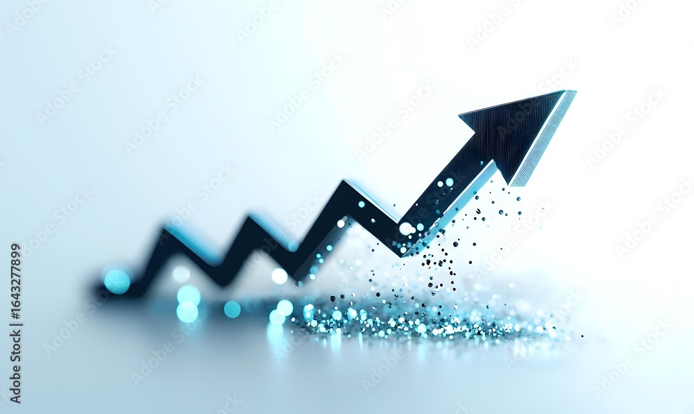 Poster black arrow graph moving upward with glowing blue particles effect on light background, representing