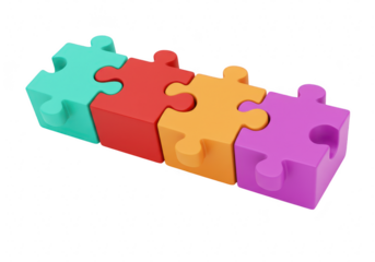 Four colorful puzzle pieces connected together, representing teamwork, strategy, and problemsolving, isolated on a transparent background