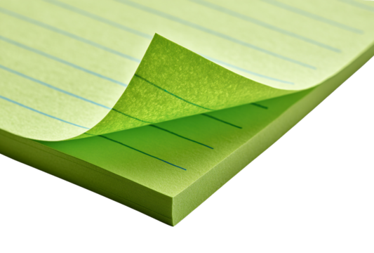 Closeup of a bright green sticky note pad with a corner lifted, isolated on a transparent background