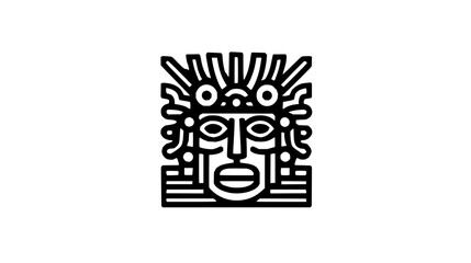 Stylized mayan mask with geometric details and headdress with circular elements in black and white design