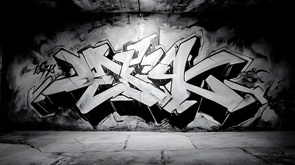 Naklejka premium Monochrome Graffiti Art on Concrete Wall in Urban Setting