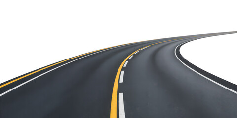 Curving asphalt highway with lane markings isolated on transparent background