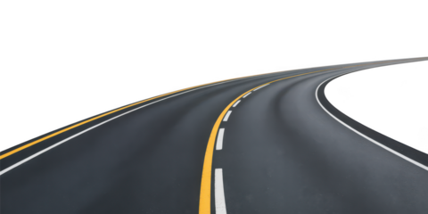 Curving asphalt highway with lane markings isolated on transparent background