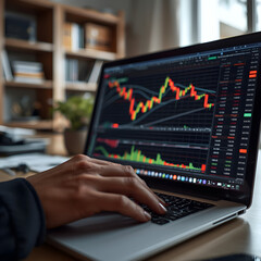 A hand casually using a laptop, with a spreadsheet on the screen showing glowing cells and dynamic financial graphs being calculated in real time