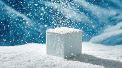 White cube gift box in the snow with falling snowflakes.