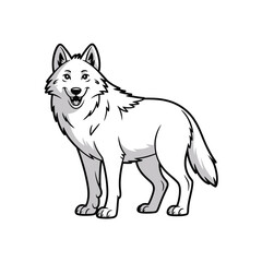 A detailed black and white illustration of a standing wolf