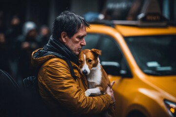 Urban moment showing loving bond between man and dog, cuddling near yellow taxi amid busy New York City winter street scene