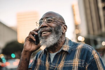 Retired African American man talking on smartphone, smiling warmly while standing near colorful urban background