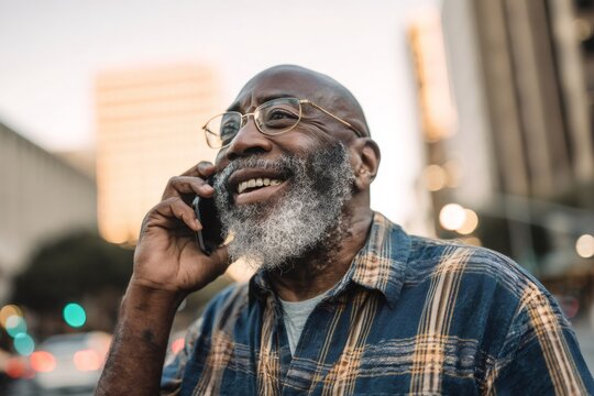 Retired African American man talking on smartphone, smiling warmly while standing near colorful urban background