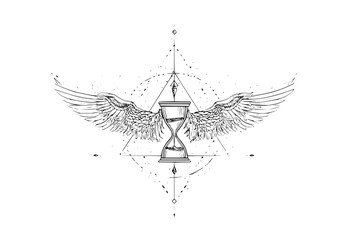 Hourglass with wings and geometric shapes in black and white line art style detailed illustration