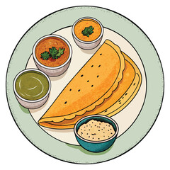 A delicious south indian dosa served with three flavorful chutneys and sambar on a light green plate