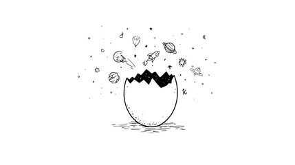 Doodle style drawing of a cracked egg with planets, stars, and rockets emerging from the cracked shell design