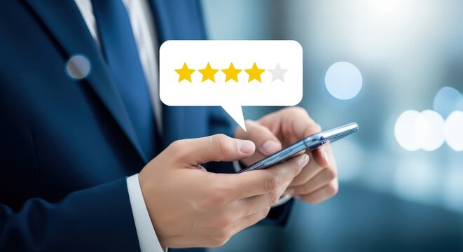 3d icon of customer giving a 4star rating on a smartphone app for service feedback