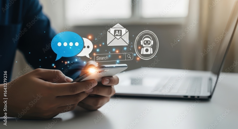 Aufkleber 3d icon of person using smartphone with ai chatbot and communication icons