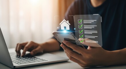 3d icon of person using smartphone and laptop for real estate online search