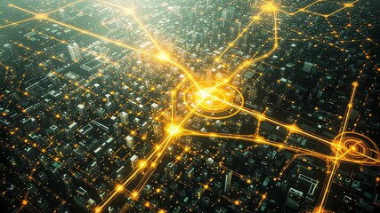 Futuristic city with glowing network grid overlay at night - Powered by Adobe