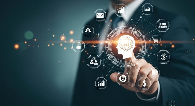 3d icon of businessman touching a digital network with ai brain and business icons