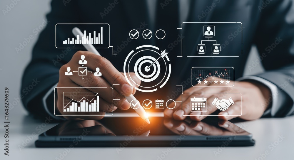 Poster 3d icon of business professional analyzing data and strategy on a digital interface