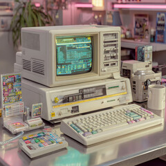 Fototapeta premium Vintage computer with colorful keyboard and retro technology setup