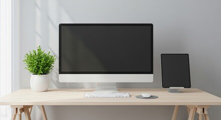 Fototapeta premium Minimalist home office desk with computer and tablet mockup