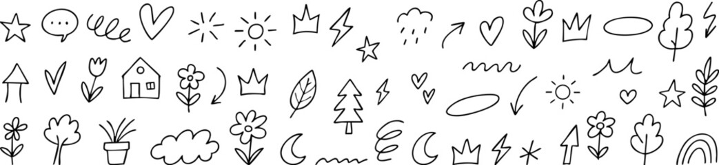 Set of black hand-drawn doodle icons isolated on transparent background