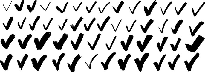 Set of black check marks isolated on transparent background