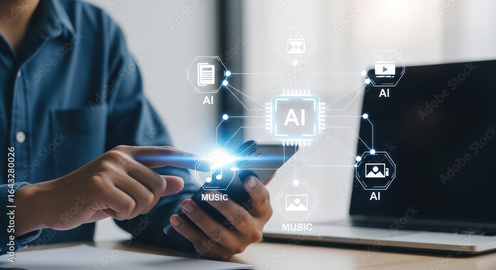 Poster 3d icon of person using smartphone with ai technology connecting various digital services