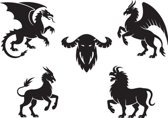 Black mythical creatures and helmet silhouettes dragon griffin