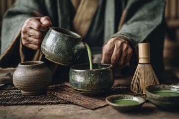 Matcha tea ritual with pouring pot and bamboo whisk in a calm, traditional setting.