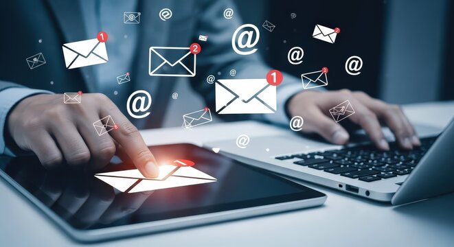 3d icon of business person using tablet and laptop with email communication icons