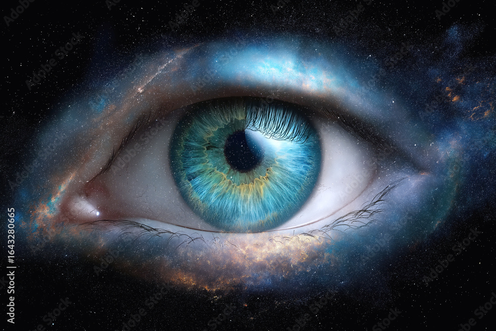 Wall mural big human eye with a reflection in the iris of space with stars and galaxies in universe