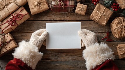 Obraz premium First person view of Santa Claus gloved hands holding open blank white letter on rustic wooden table with kraft paper wrapped Christmas gifts, festive scene with copy space
