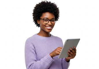 Young african american woman with curly black hair and glasses wearing a purple sweater, holding and using a tablet computer, smiling and looking at the camera, isolated on transparent background