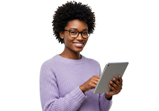 Young african american woman with curly black hair and glasses wearing a purple sweater, holding and using a tablet computer, smiling and looking at the camera, isolated on transparent background - Powered by Adobe