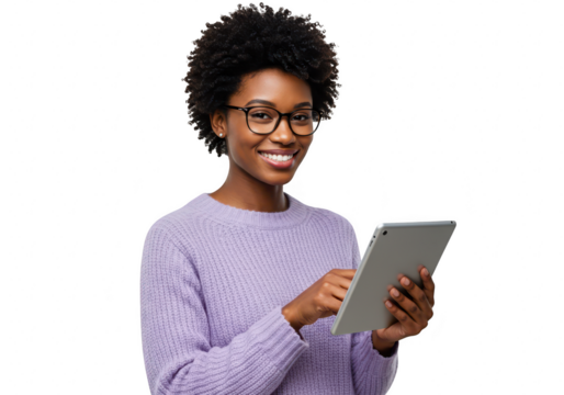 Young african american woman with curly black hair and glasses wearing a purple sweater, holding and using a tablet computer, smiling and looking at the camera, isolated on transparent background