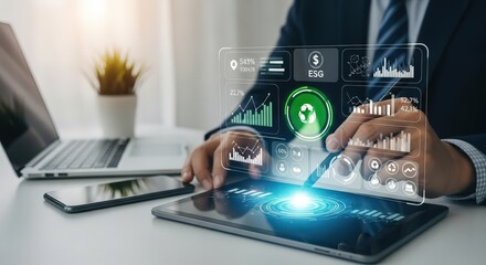 3d icon of businessman analyzing financial data on a futuristic digital interface